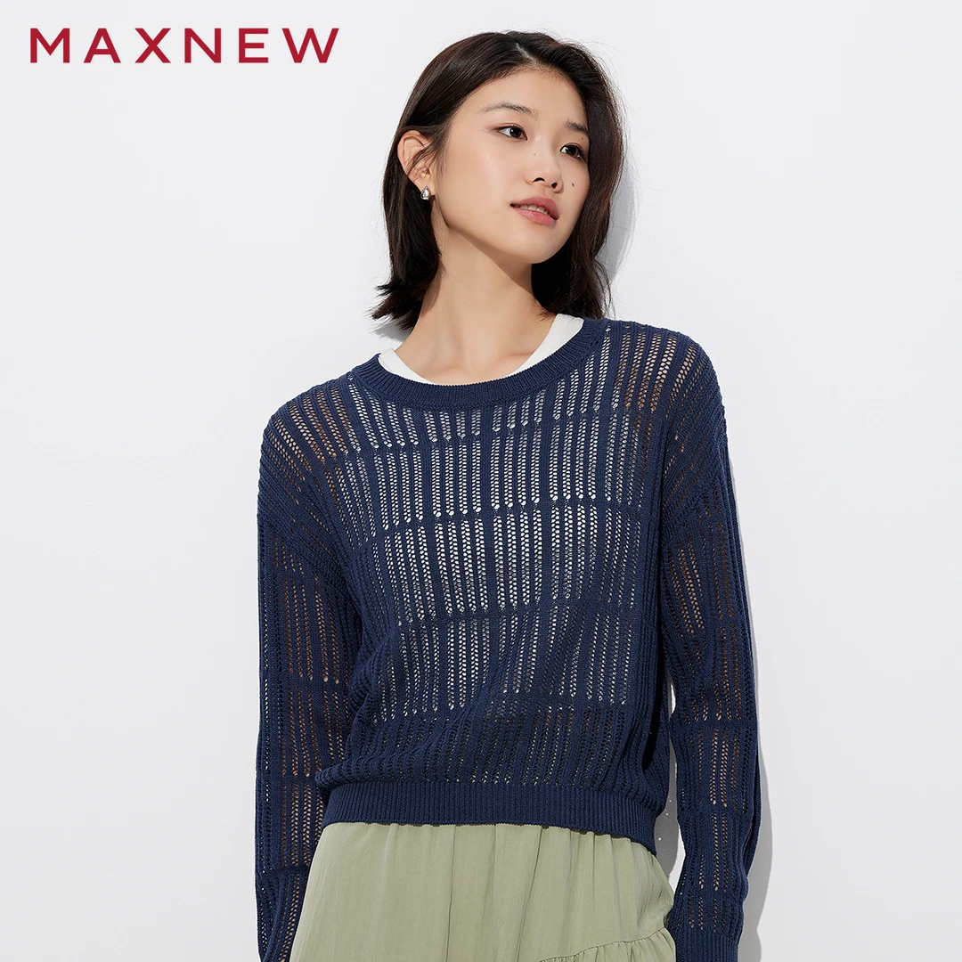 马恩夏季新款女装时尚圆领针织镂空编织毛衫通勤上衣女1P2222505