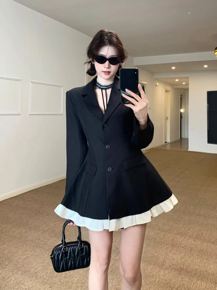 2025春季法式御姐风高级感黑色v领收腰西装A摆连衣裙长袖短裙女
