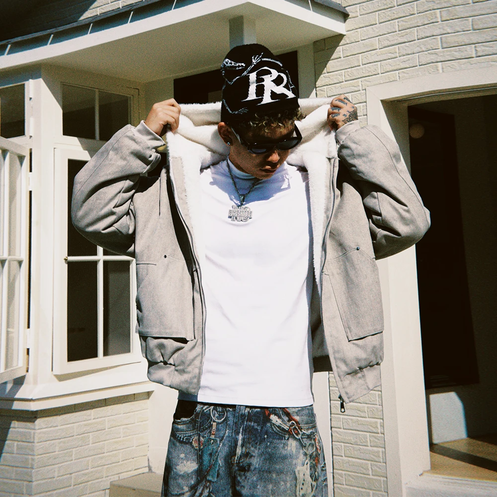 South美式潮牌大理石纹冬季仿水貂毛座山雕连帽棉服外套夹克男女