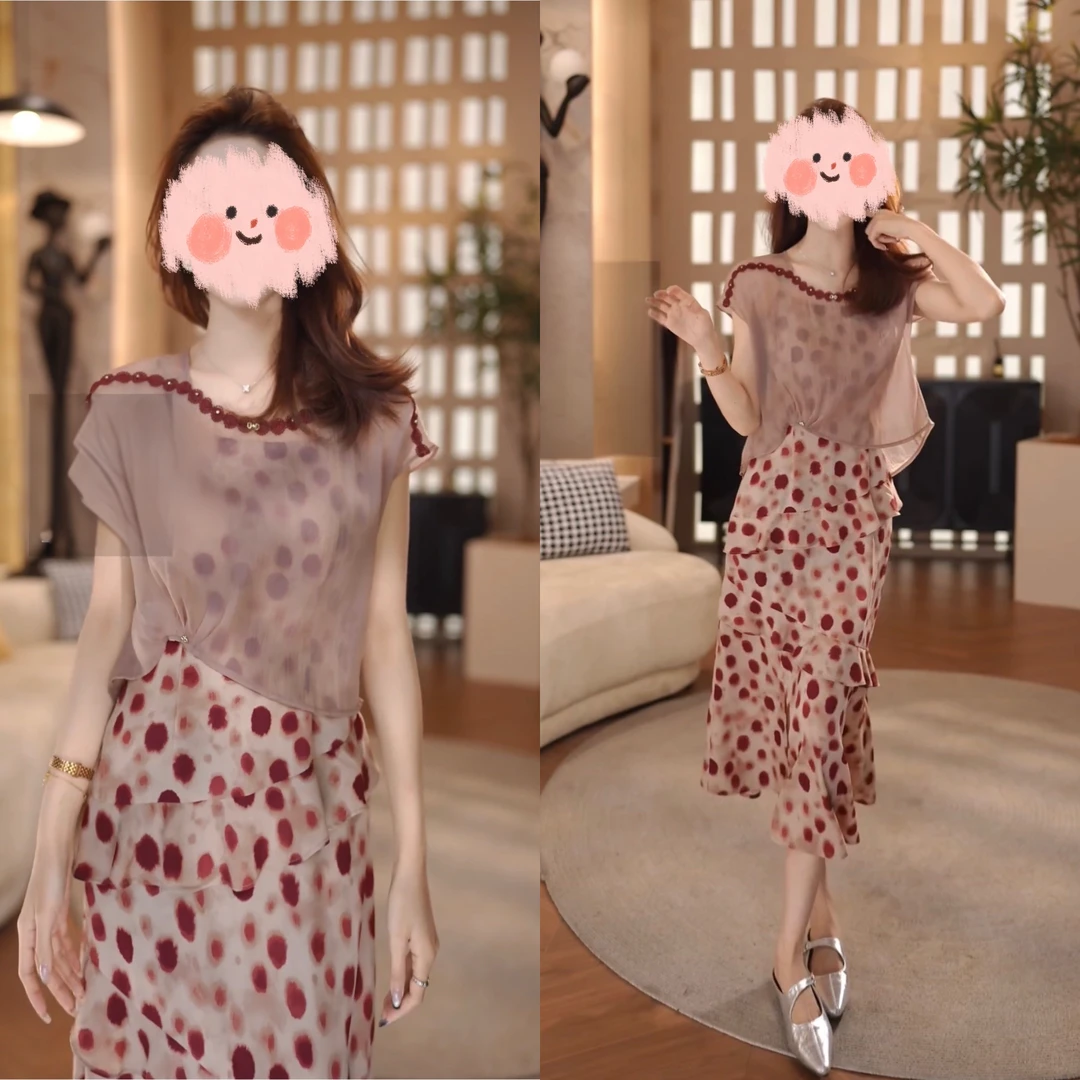 2025夏季新款波点罩衫两件套气质高腰显瘦遮肉连衣裙