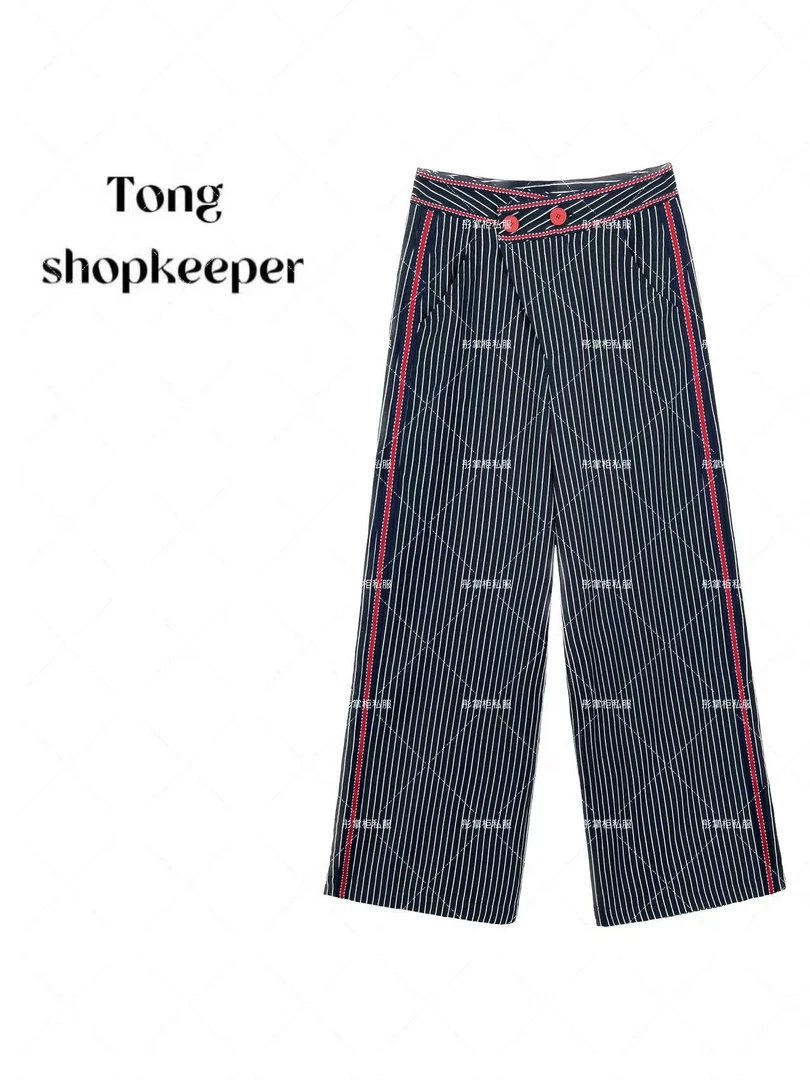 QJ/彤掌柜1682085 夏款2025高定条纹亚麻裤高级感小众腰头休闲裤