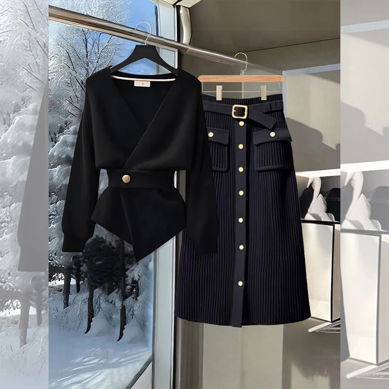 秋冬新款气质轻熟风一整套女百搭针织衫毛衣设计感半身裙减龄套装