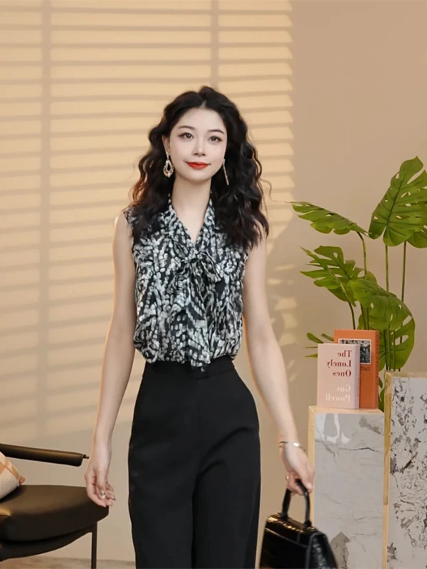 【GIRID AMSS】夏季新款法式小衫荷叶边飘带印花百搭无袖衬衫女士