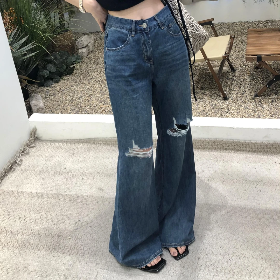 雅痞复古高腰显瘦小众时尚气质2025新款微喇破洞牛仔裤女夏薄款