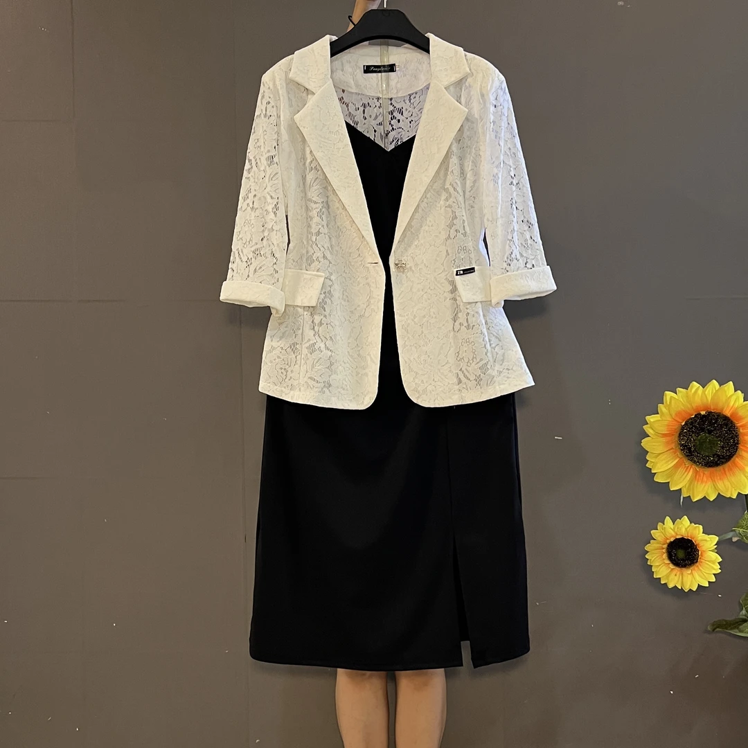 早春新款高级感时尚蕾丝显瘦小西服➕吊带褶皱连衣裙1019