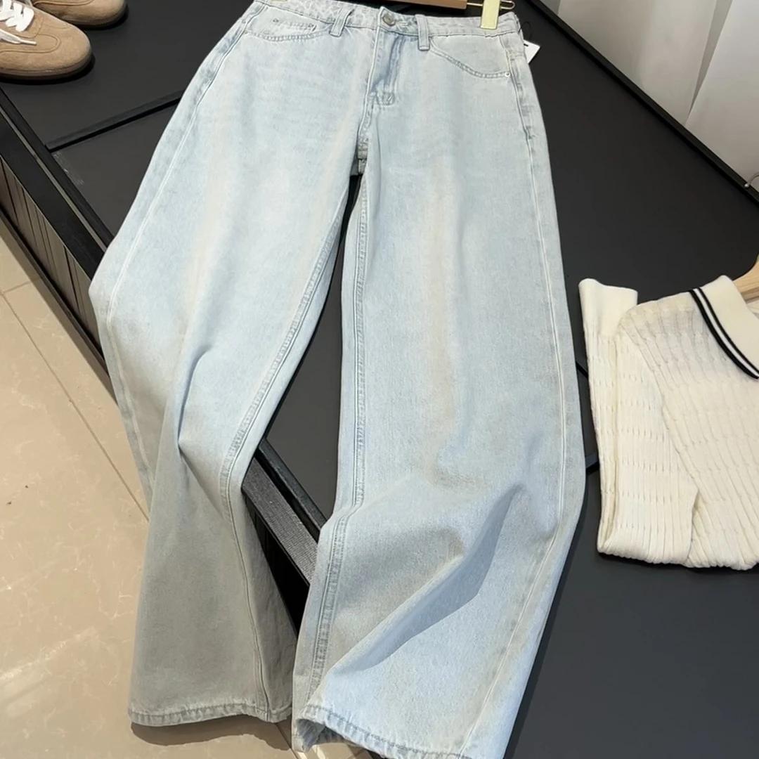 墙推！时尚浅蓝敲好穿~垂顺板正 高腰单扣直筒百搭牛仔裤