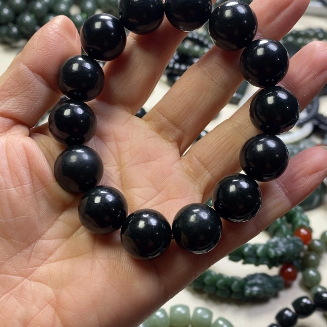 武***：和田玉未镶嵌手链新疆和田黑青玉卡16圆珠手串