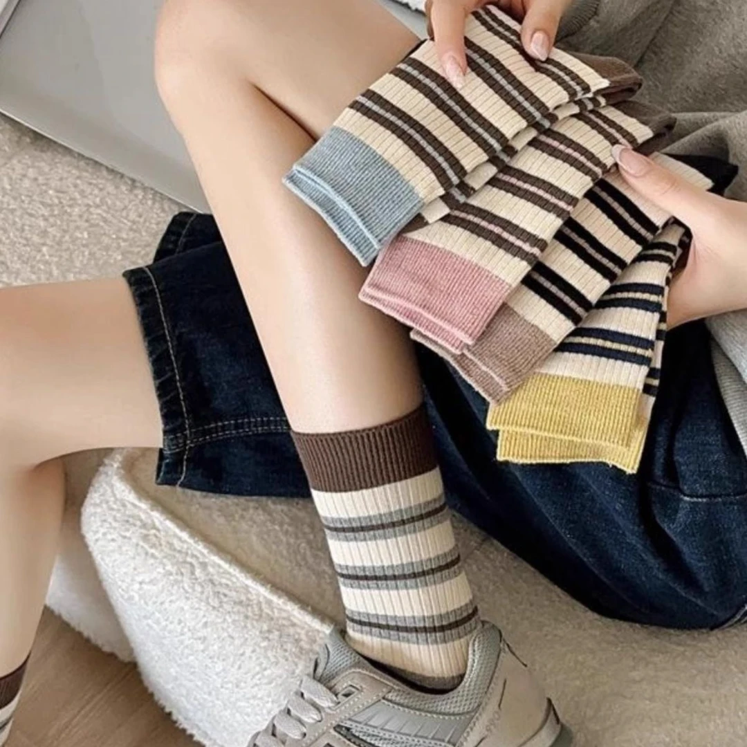 【买5送3】秋季款袜子女士百搭潮流撞色条纹吸汗透气中筒堆堆袜女袜