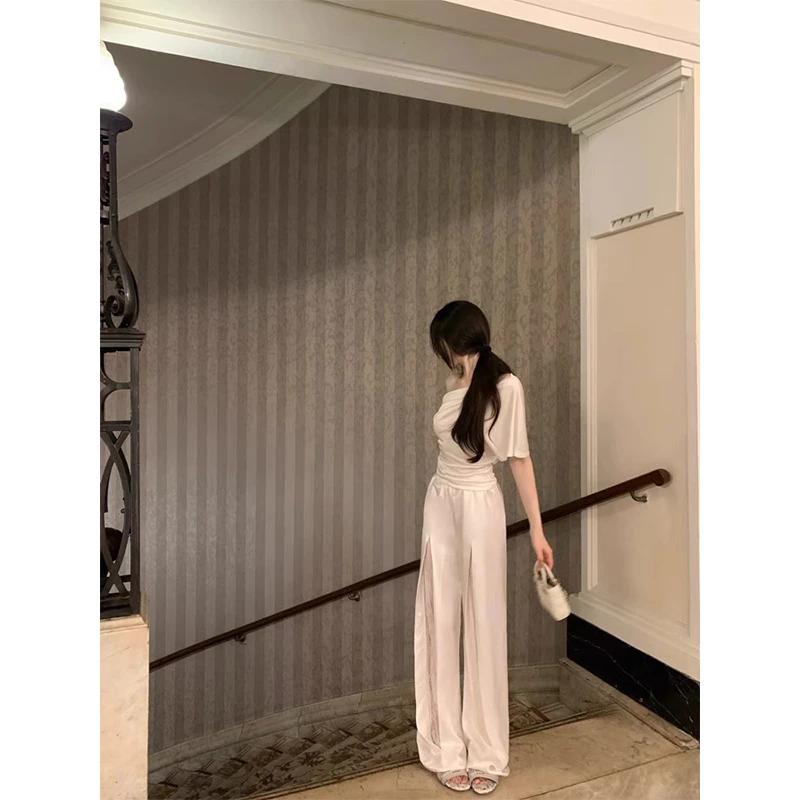 韩系辣妹斜肩纯欲风气质设计款上衣百搭显瘦蕾丝镂空休闲长裤女