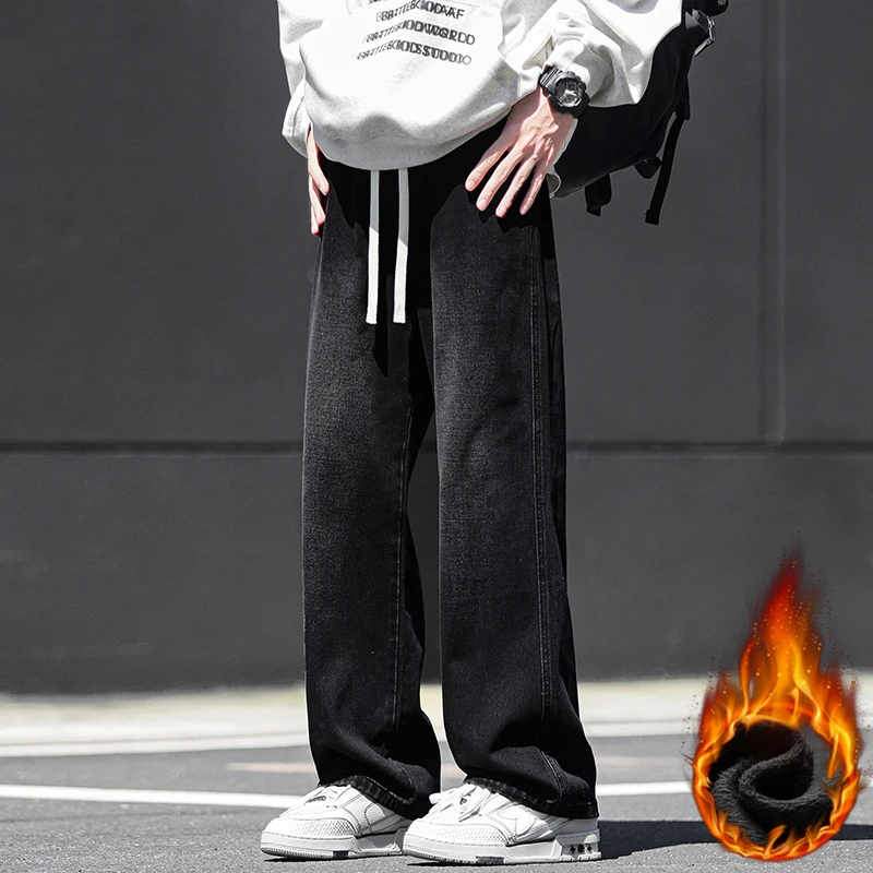 秋冬加绒潮流百搭学生裤抽绳松紧腰牛仔裤宽松直筒水洗牛仔裤男款