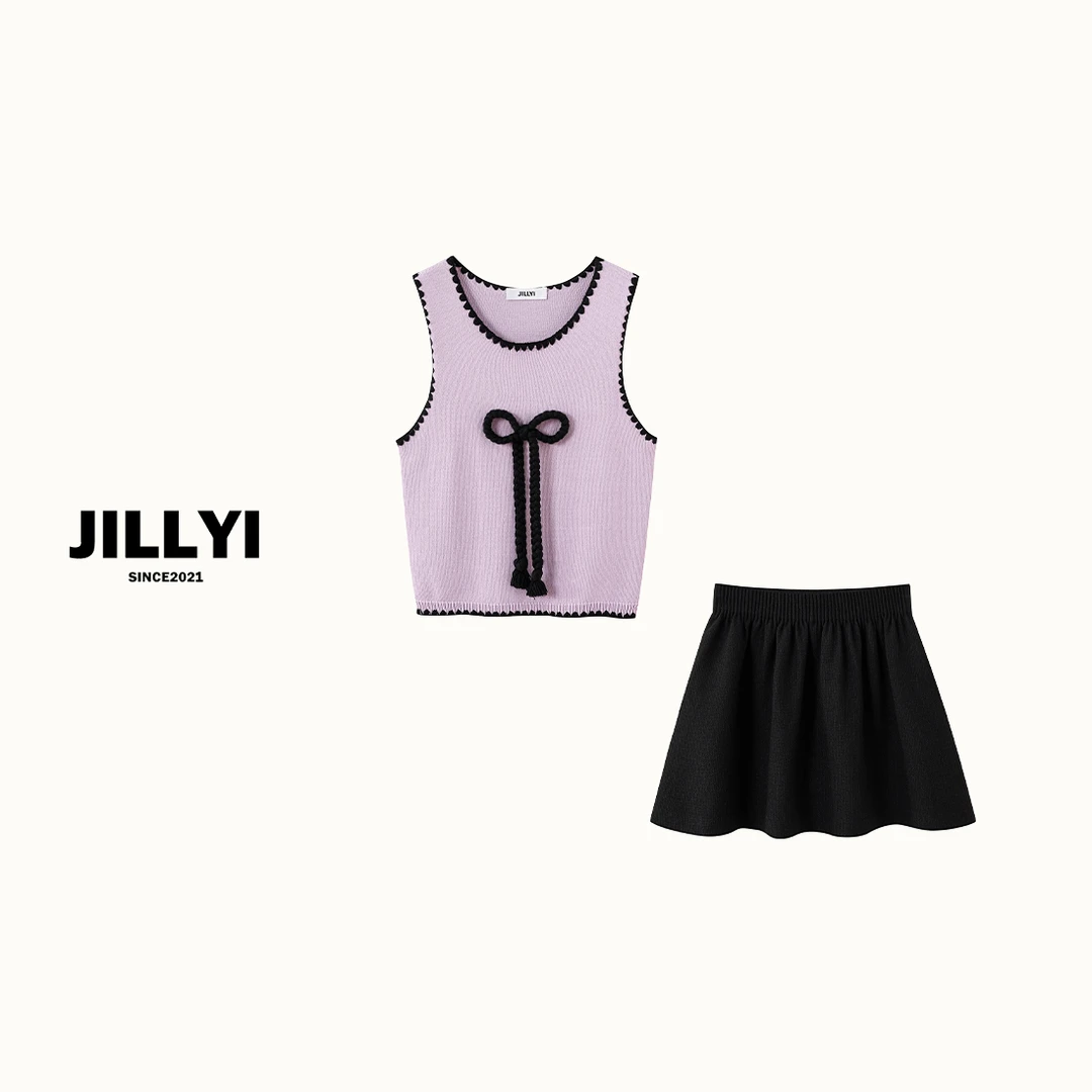 JILLYI珠海店【香芋花园】+【奶油泡芙黑】紫色蝴蝶结背心+黑色半身裙