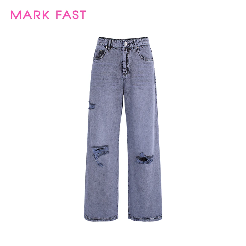 MARKFAST设计师品牌2025年初夏破洞直筒水洗牛仔裤M1FCW56190