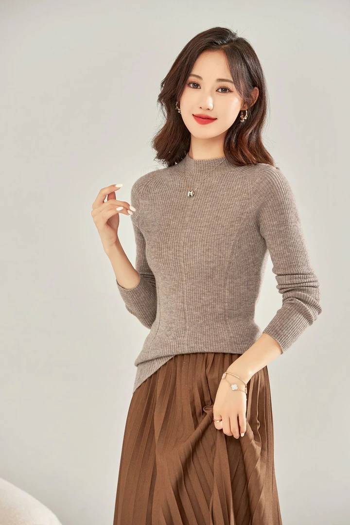 纯色女毛针织衫修身堆堆领针织衫毛衣衫百搭5803
