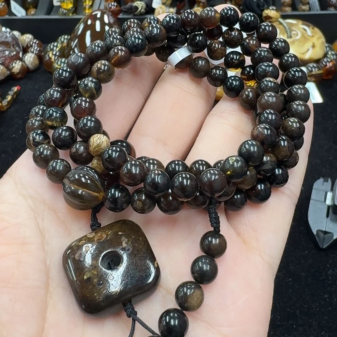 未镶嵌琥珀珠宝奇石6mm黑蜜溶洞设计链