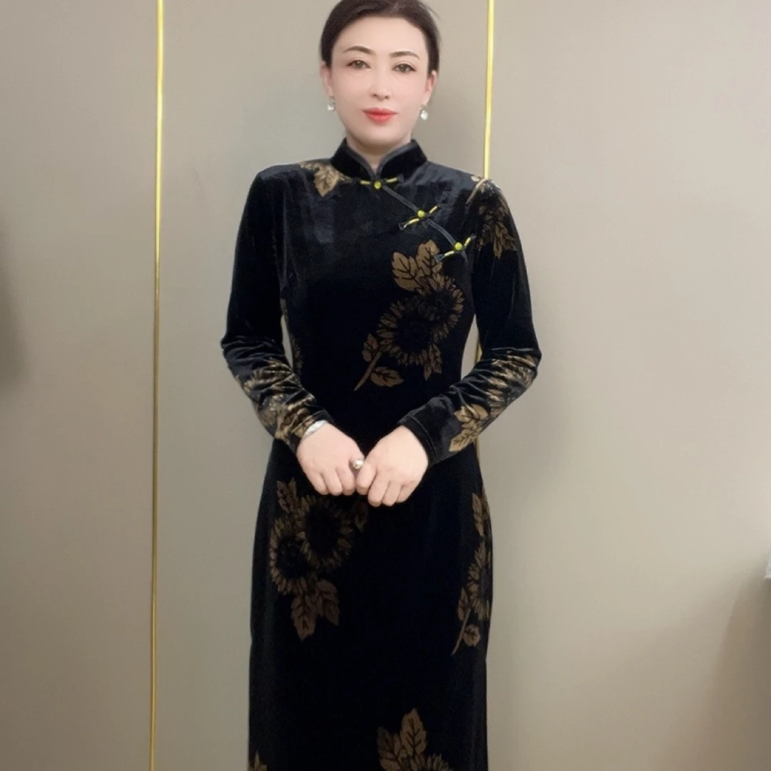 FENGJIE2025 秋冬季新款醋酸印花丝绒改良款旗袍长袖连衣裙3509