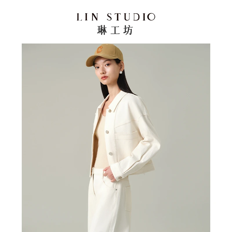 【外套 棉+三醋酸】琳工坊“寒鹜”米白色牛仔外套时尚欧若风唐琳设计