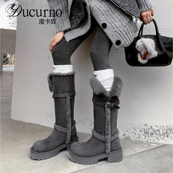 DUCURNO一鞋两穿翻领长靴女冬季厚绒保暖雪地靴厚底皮带扣瘦瘦靴