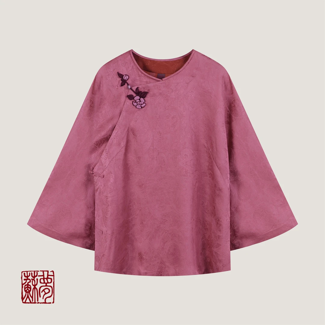 蘇夢【夏苑花庭】香云纱手工圆领花扣斜襟上衣中式国风提花0103894