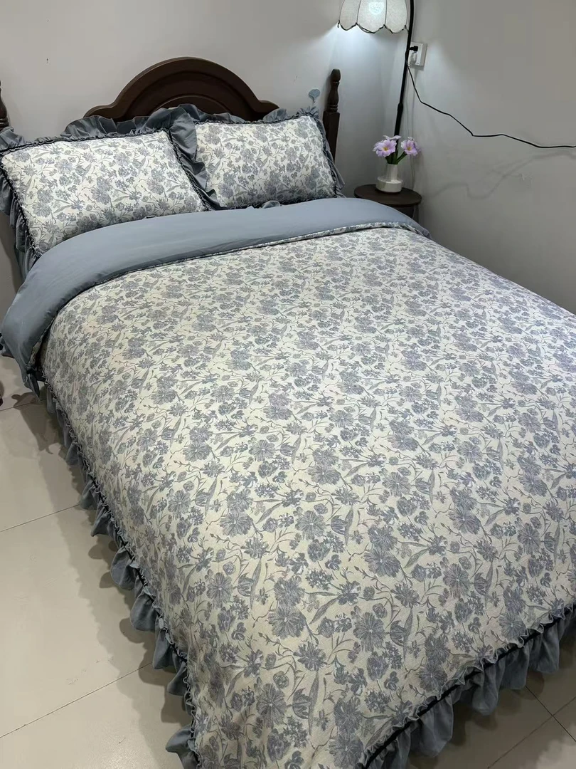 法式复古水洗亚麻原麻四件套床单双层纱床上用品花边被套