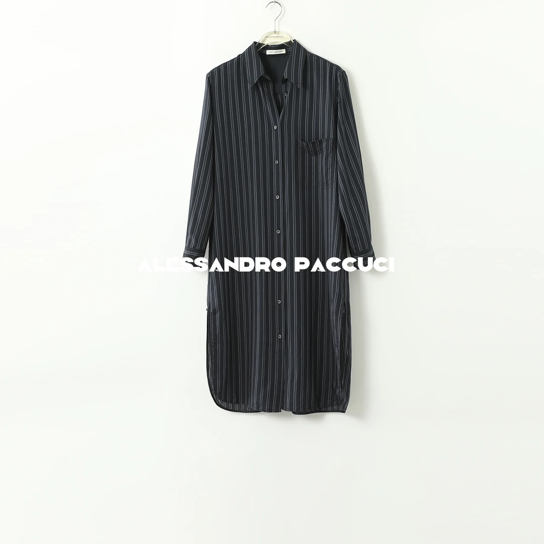 AP洛哥42100LL 简约桑蚕丝条纹长袖休闲衬衫式连衣裙 夏季