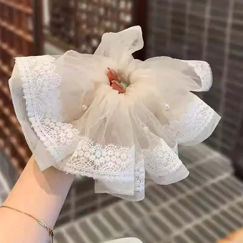 韩国高档精致米白轻盈网纱刺绣珍珠肥肠圈后脑勺盘发皮筋发圈头绳