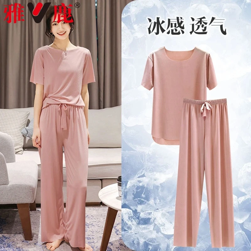 V/雅鹿男女情侣无痕冰丝睡衣家居服夏季薄款简约圆领短袖套装外穿