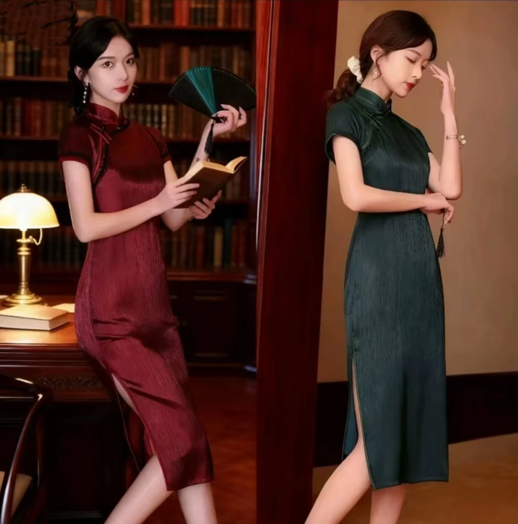 苏州高端【流光段】裙长120CM长裙双层短袖包臀裙立领连袖旗袍日常