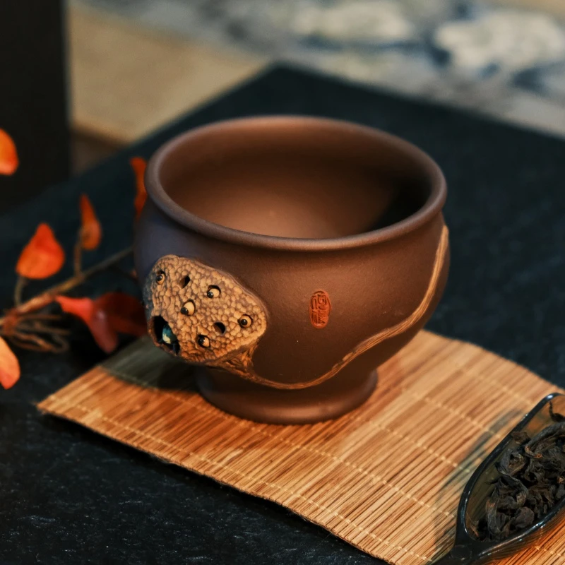 【宜兴原矿】紫泥全手工紫砂主人杯 青蛙莲子 匠心之作！