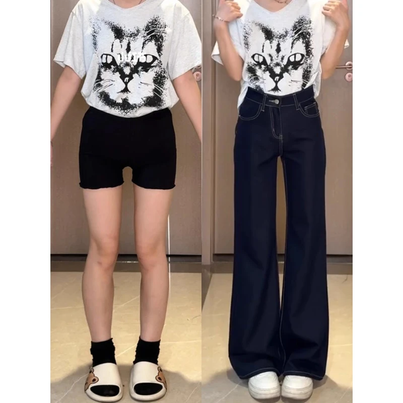 深蓝色不贴腿微喇拖地牛仔裤女大码梨型遮胯显瘦夏日轻薄喇叭裤子