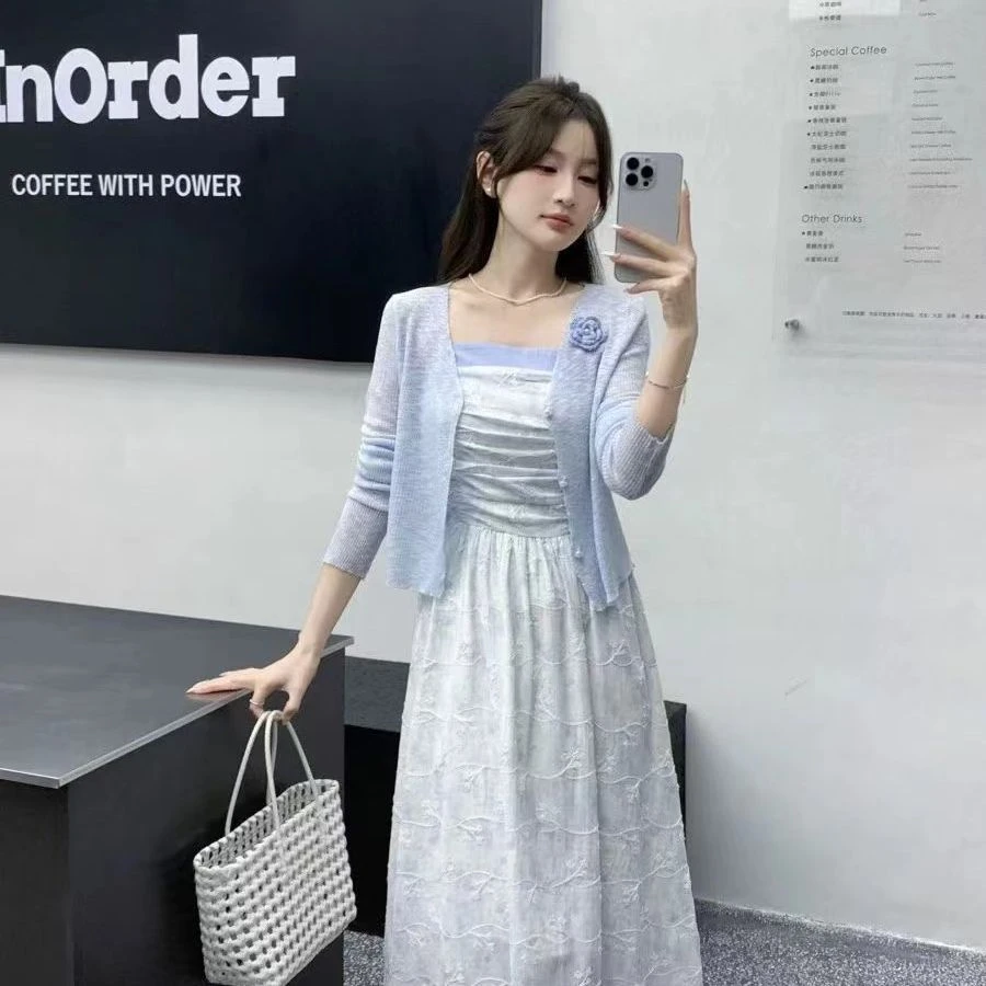 2244#气质吊带裙连衣裙新款收腰两件套立体花朵连衣裙套装