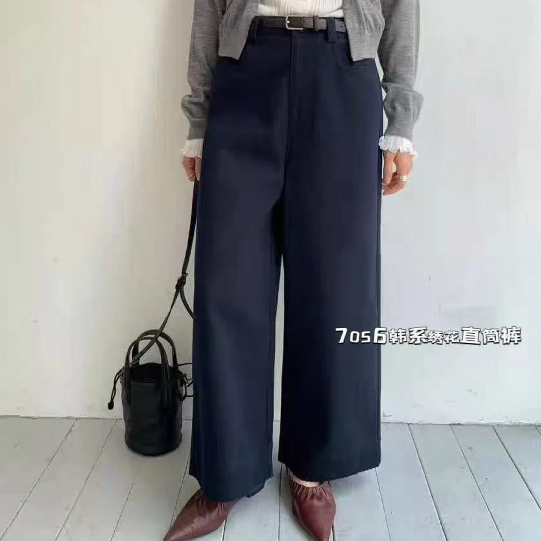 欧洲站2025早秋新款欧货简约高腰显瘦休闲刺绣直筒裤7056