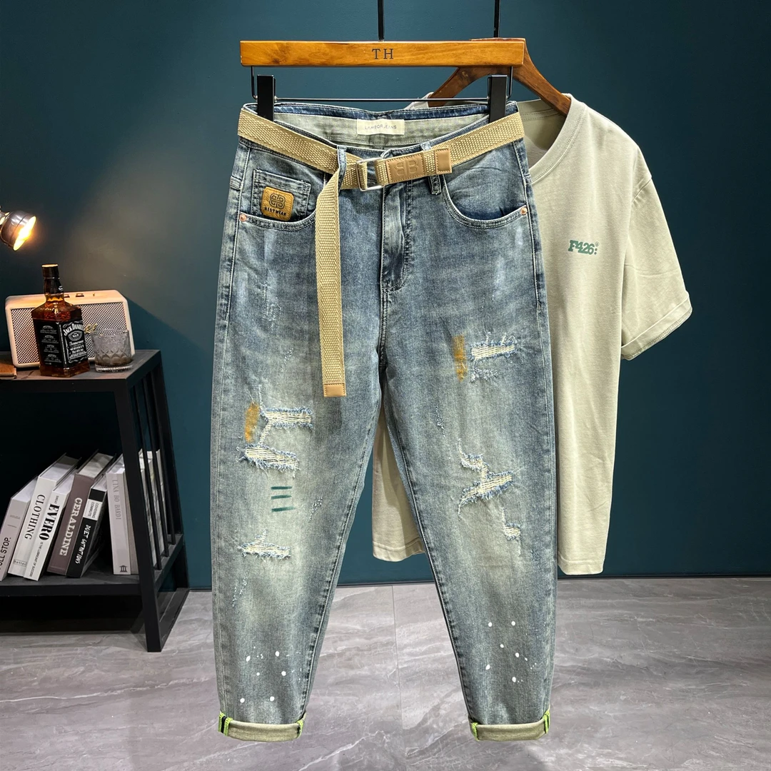 （长裤）春夏泼墨水洗潮流男士修身破洞牛仔裤猫须破洞宽松休闲裤子