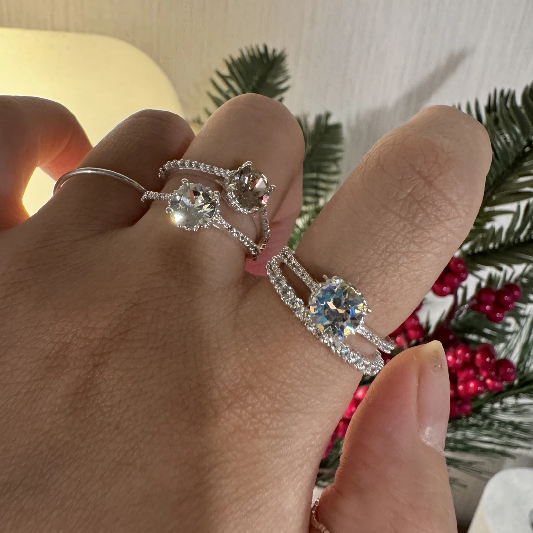 925银仿水晶戒指 韩国 通体s925银 施华钻两件套戒指