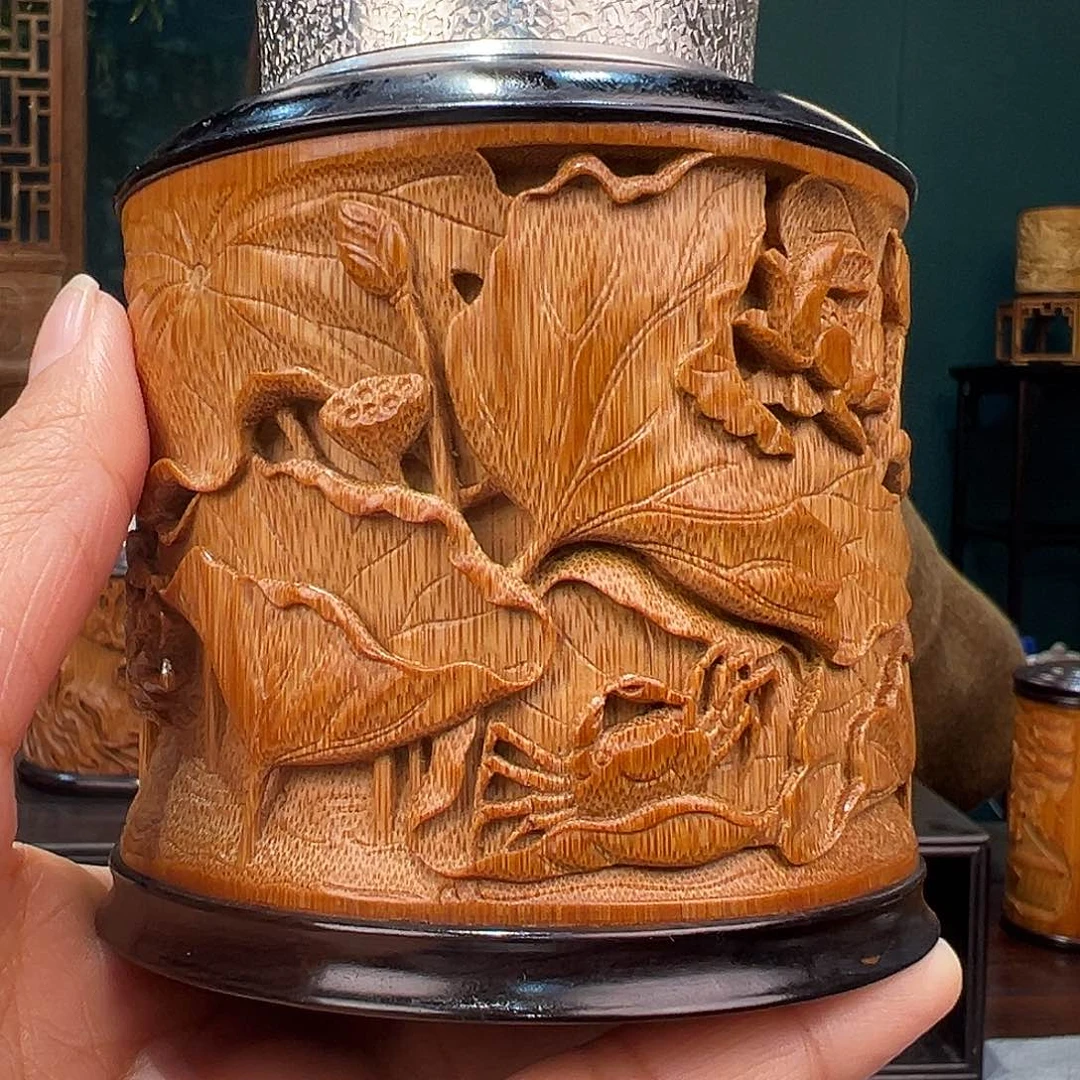 竹竹雕茶叶罐荷蟹