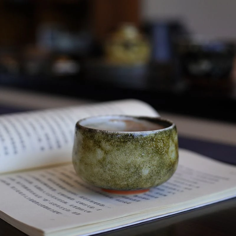 徐小凡陶瓷杯子柴烧绿志野主人杯手捏杯茶杯纯手工高端开片可养线