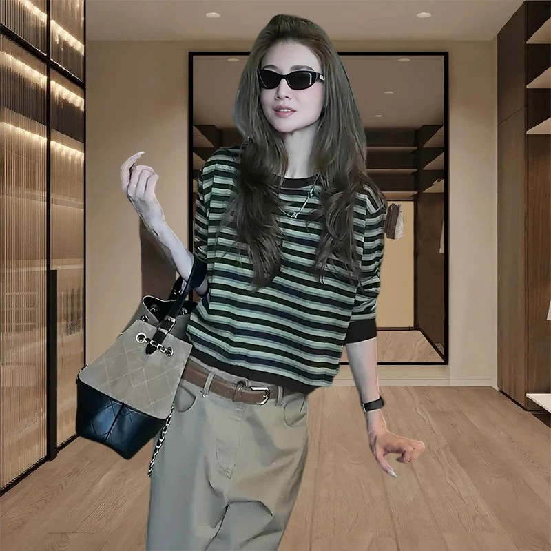 针织衫上衣女2025春秋新款韩版时尚别致超好看宽松休闲条纹长袖潮