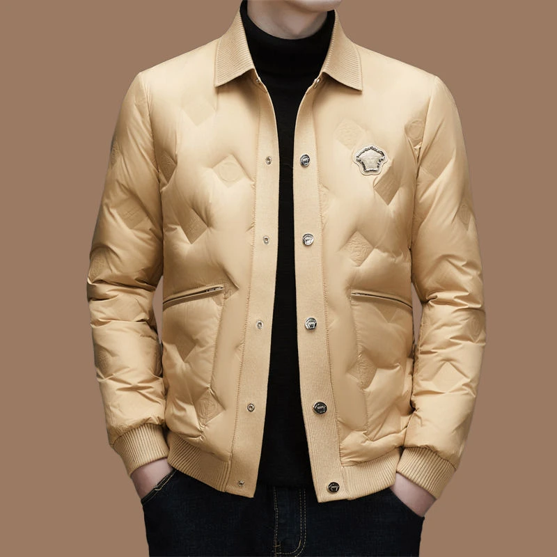 秋冬意大利大牌男士轻奢纽扣保暖翻领时尚潮流百搭爆款羽绒外套