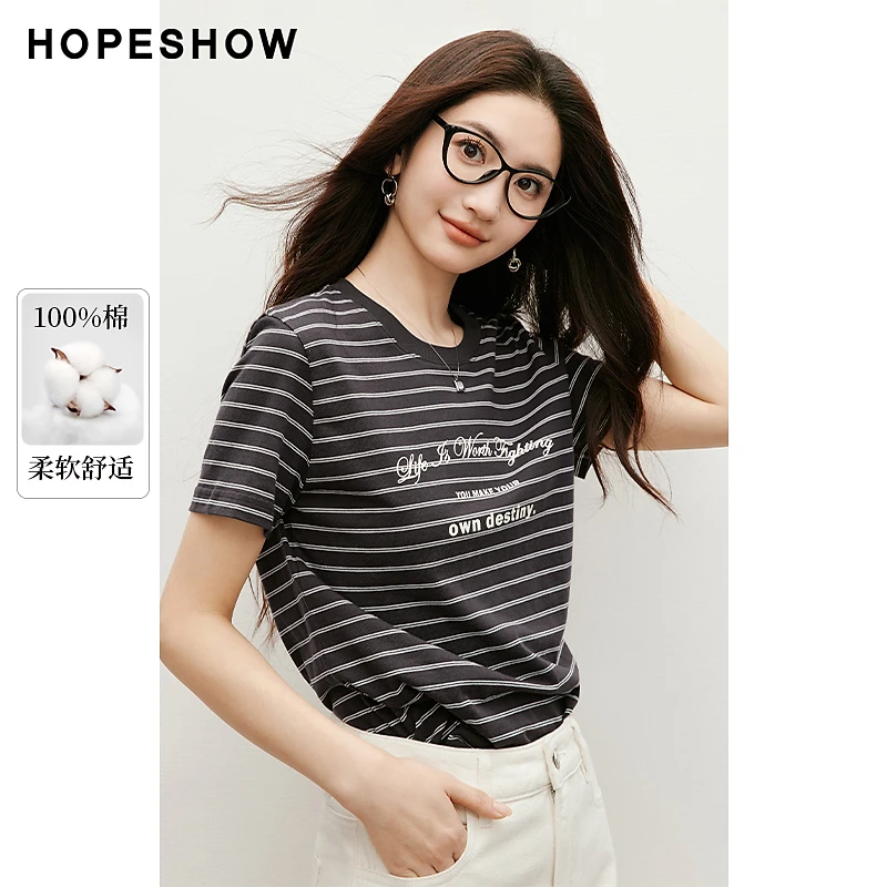 红袖2025春季新款女装 撞色字母印花直身圆领套头T恤90125090208