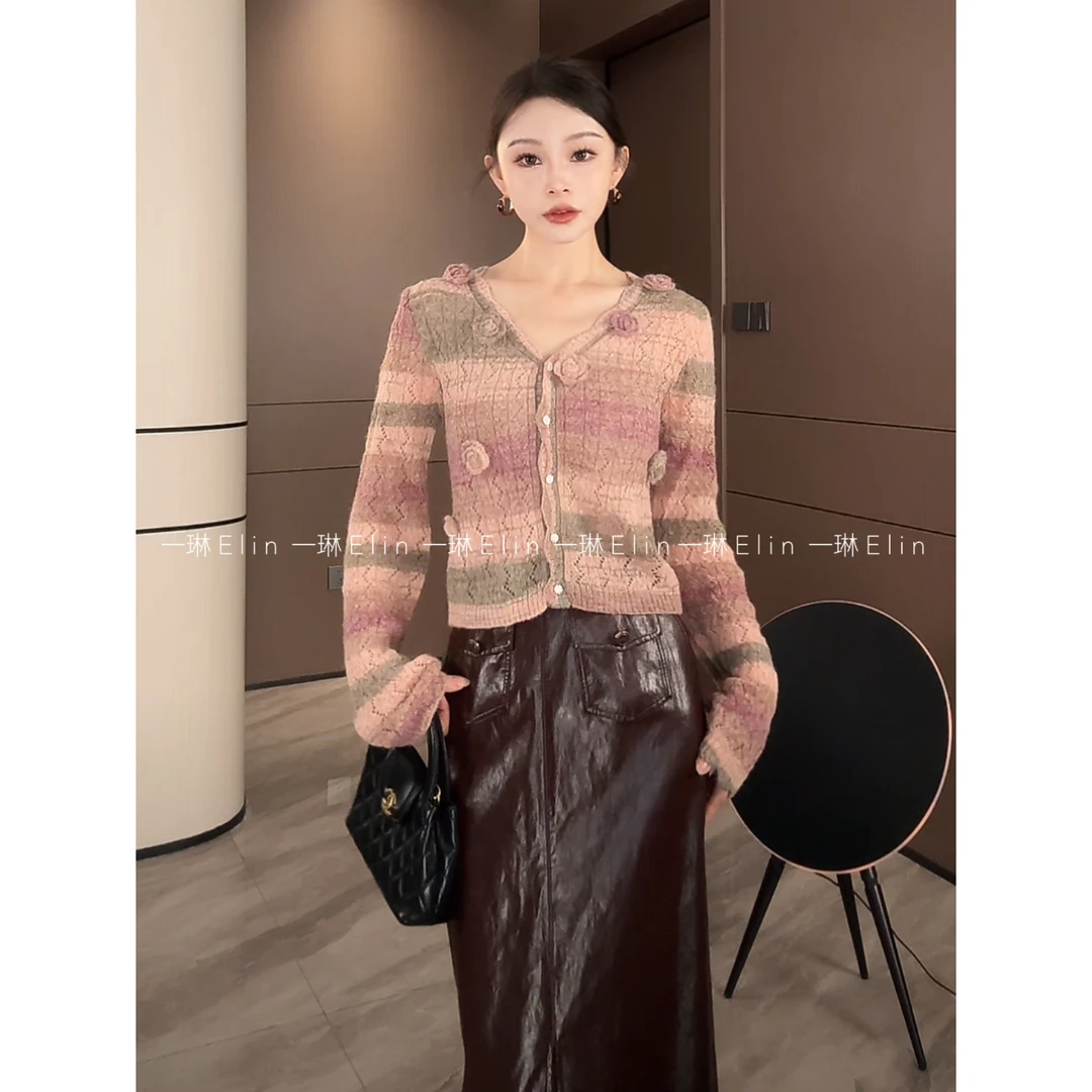 LZQ｜繁花～气质秋冬条纹开衫针织时尚设计感长袖上衣XMZH9946