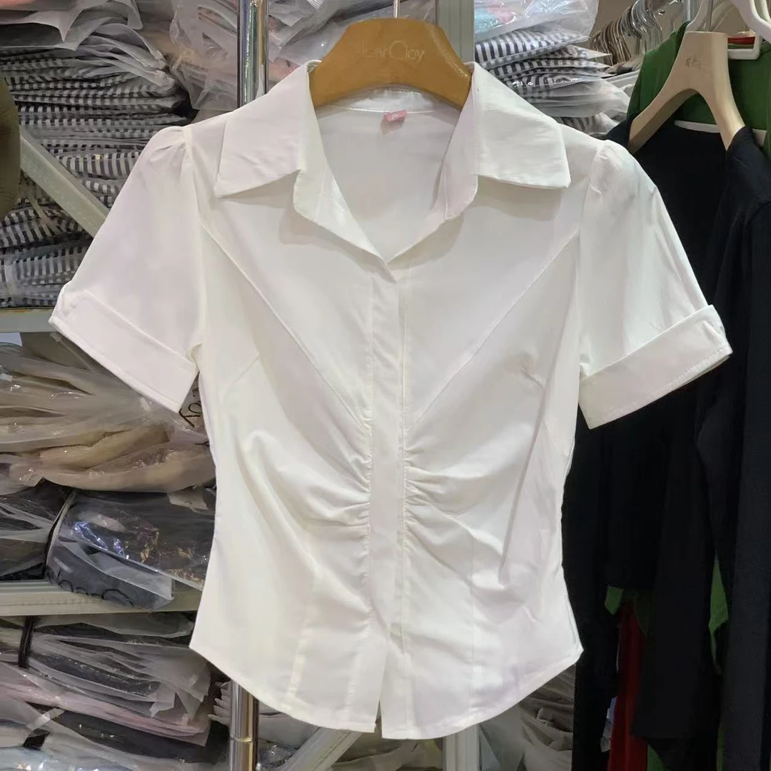 2081＃修身褶皱御姐纯欲短袖衬衫