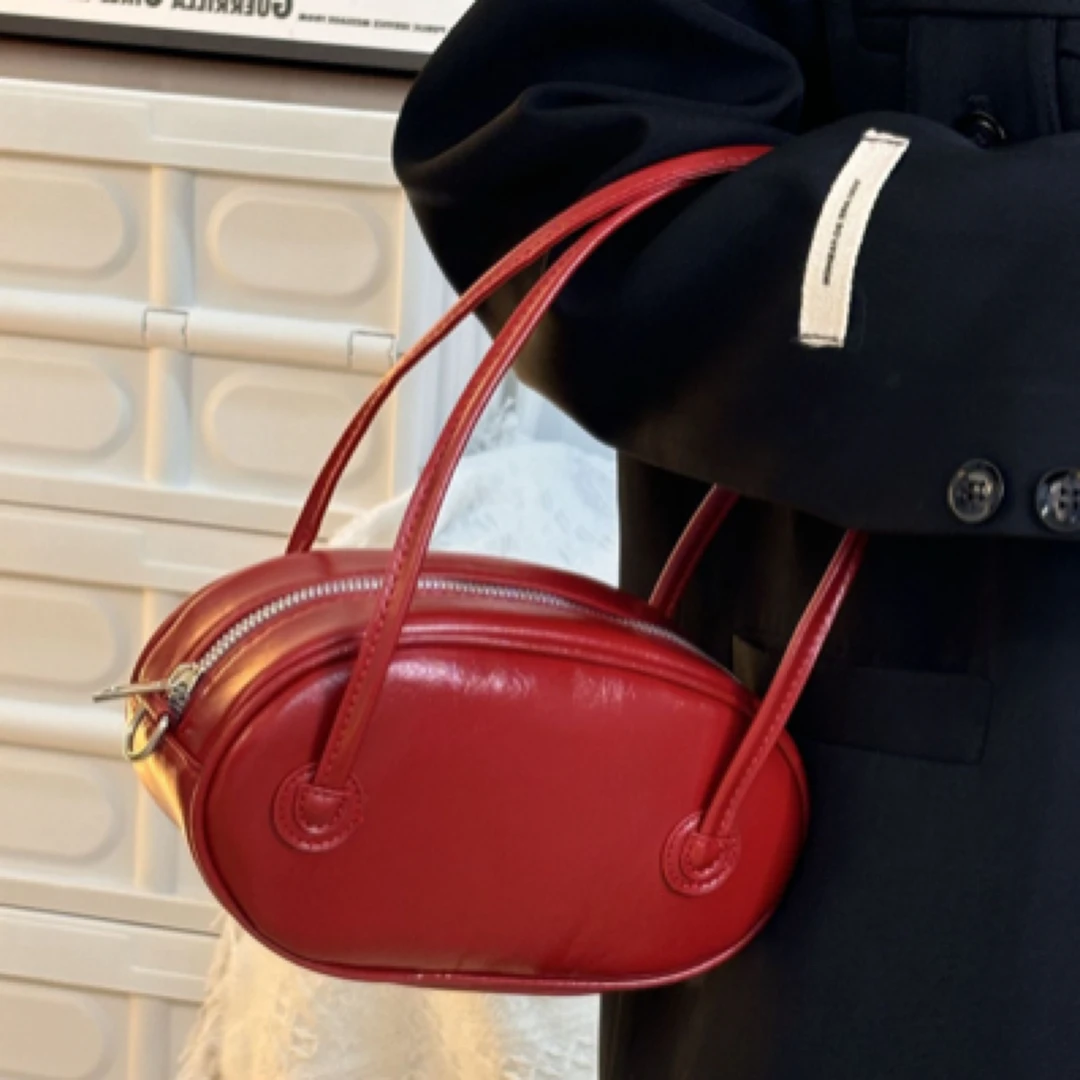 韩国ins时尚红色小圆饼包迷你手提包2025新款小众休闲百搭斜挎包
