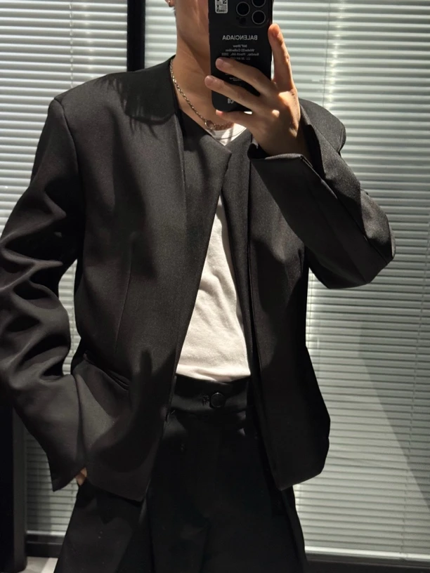 尚锋男装9005秋季短款无领宽松型复古潮流休闲百搭纯色西服外套