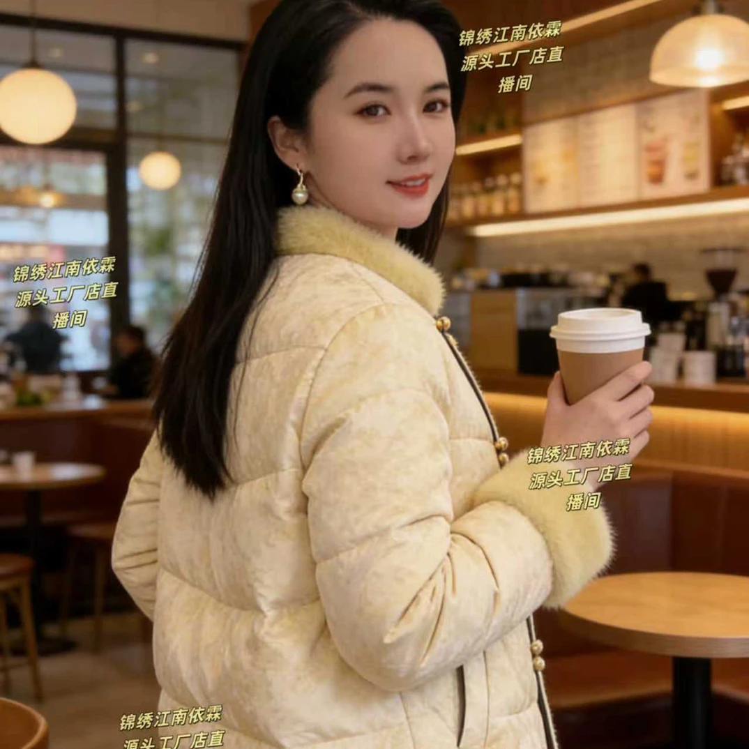 专柜定制款高质感高级手工串珠冬季新中式国风羊绒服拼接厚款