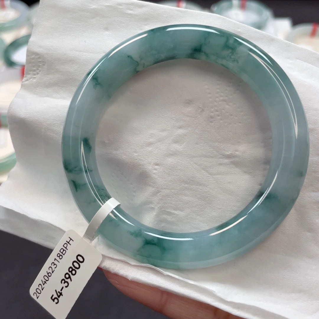 【闪购商品】翡翠手镯未镶嵌老蓝水胖条飘花54.5圆条14号