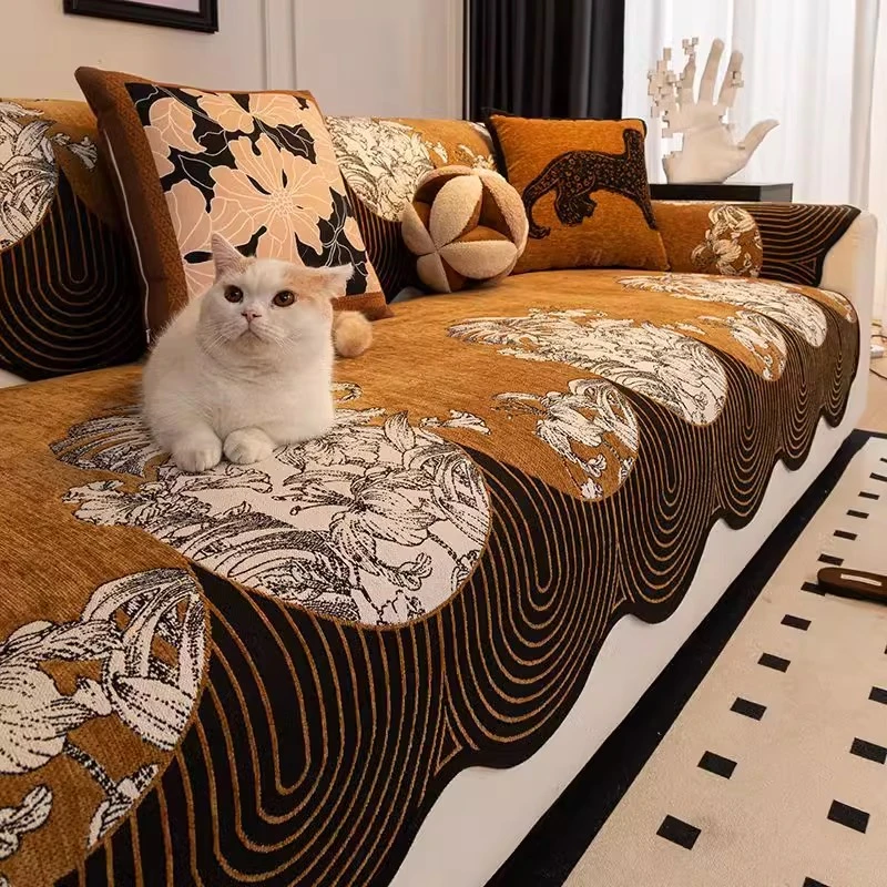 足姿轻奢高级感雪尼尔沙发垫四季通用固定防滑沙发盖布套罩坐垫