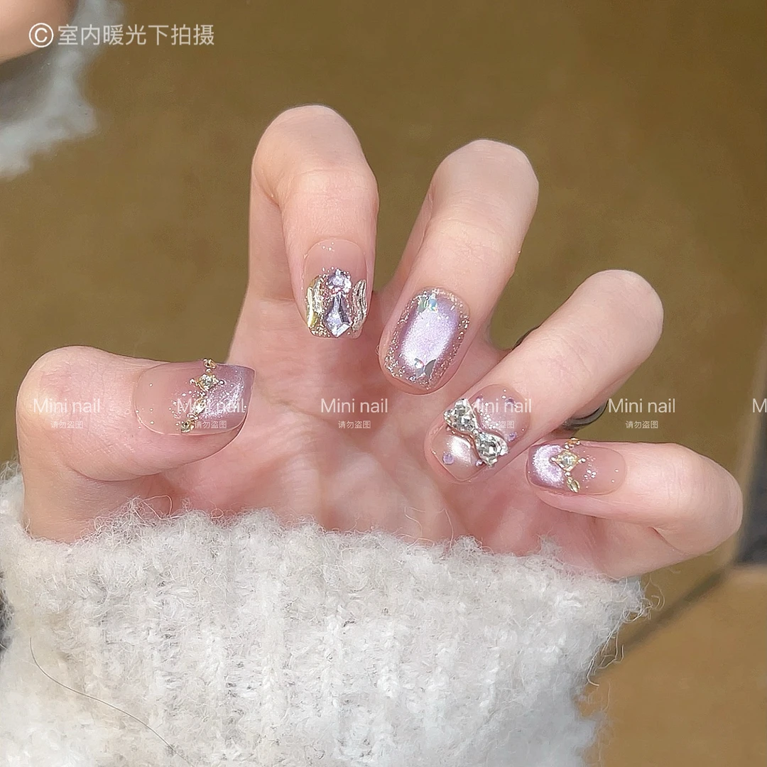 【烟紫星辰】纯手工穿戴甲春夏季新款紫琉璃猫眼可拆卸美甲贴