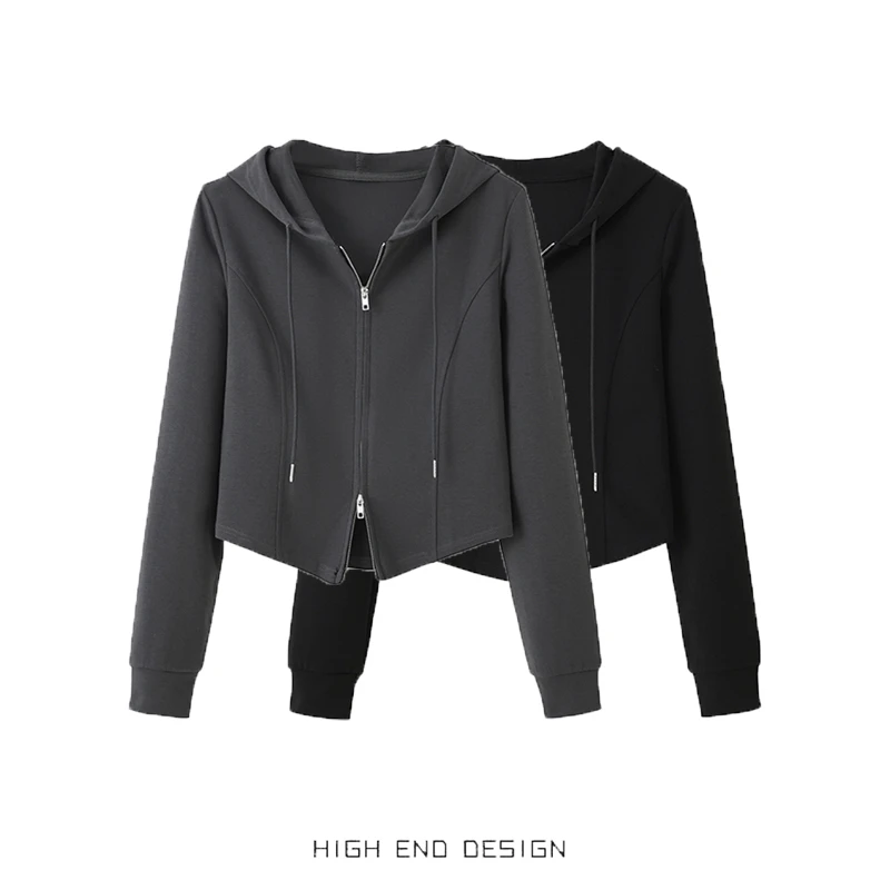 美式复古双拉链连帽长袖卫衣女长袖春秋新款时尚休闲薄款开衫外套