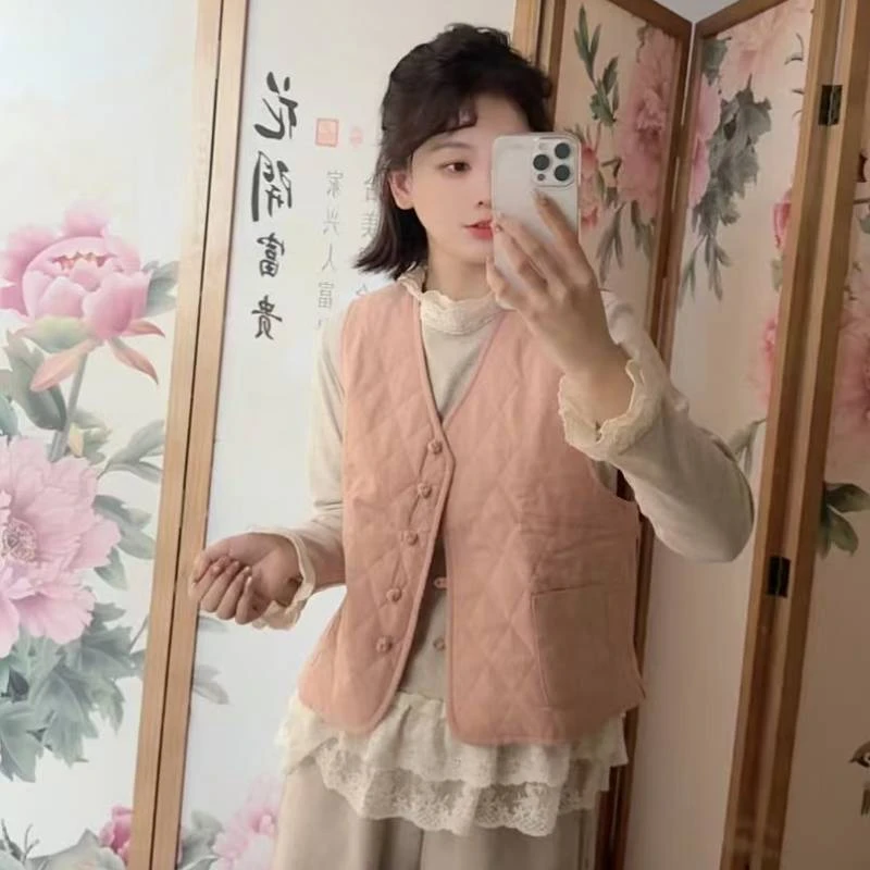 国风中式纯色菱格单排扣马甲女2025秋冬新款文艺时尚女士马夹