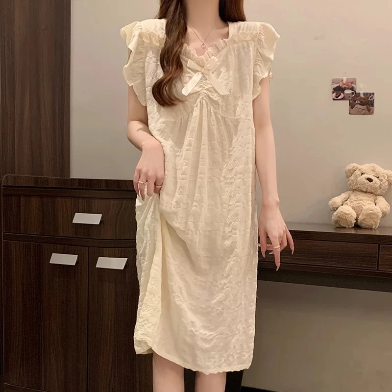 睡衣女夏季薄款小飞袖云朵棉睡裙2025新款连衣裙甜美家居服套装