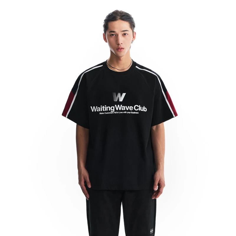 Waitingwave拼接撞色印花T恤短袖男女美式高街宽松上衣oversize风